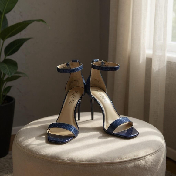 NEW Wild Pair Women Sandals Heels Pumps Stiletto NAVY BLUE GLITTER - 9.5 WIDE - Picture 1 of 16